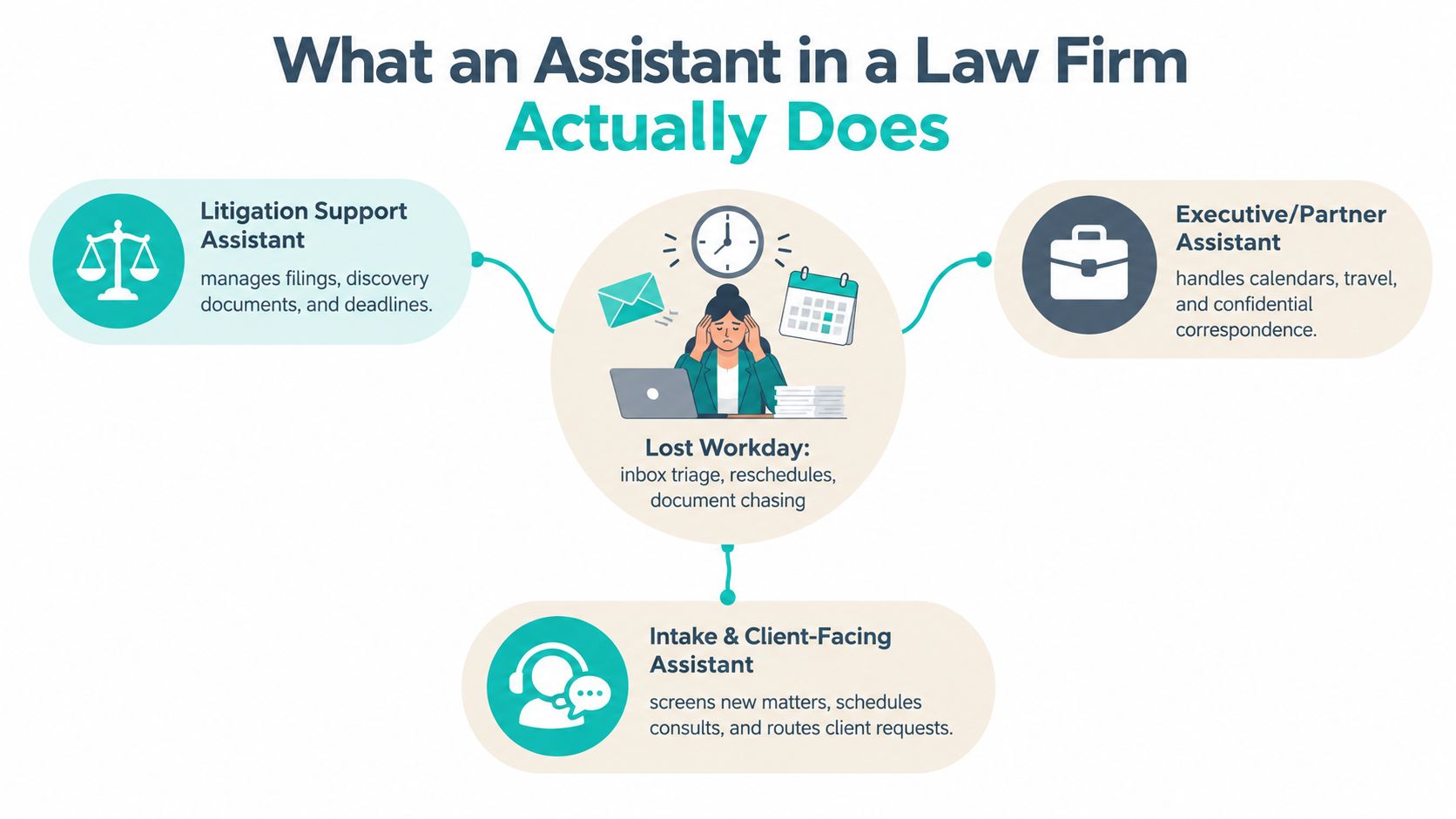 A diagram illustrating the varied responsibilities of legal assistants including litigation support, executive assistance, and client intake.