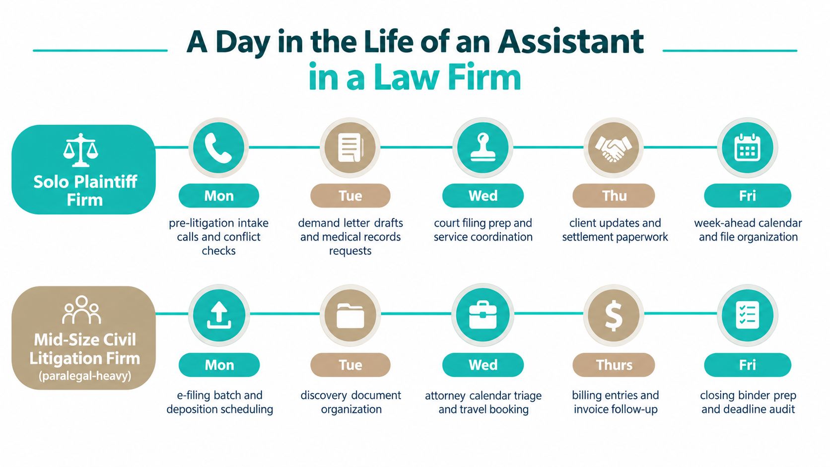 An infographic illustrating weekly tasks for legal assistants in both solo plaintiff and mid-size civil litigation law firms.
