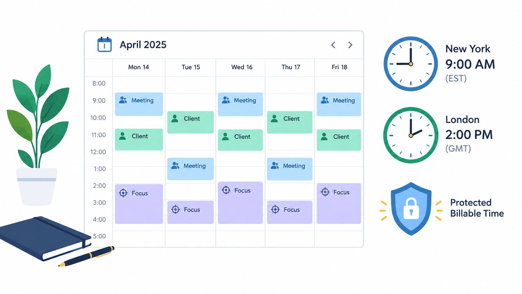 A digital calendar display for April 2025 showing various meetings, client appointments, and scheduled focus time blocks.