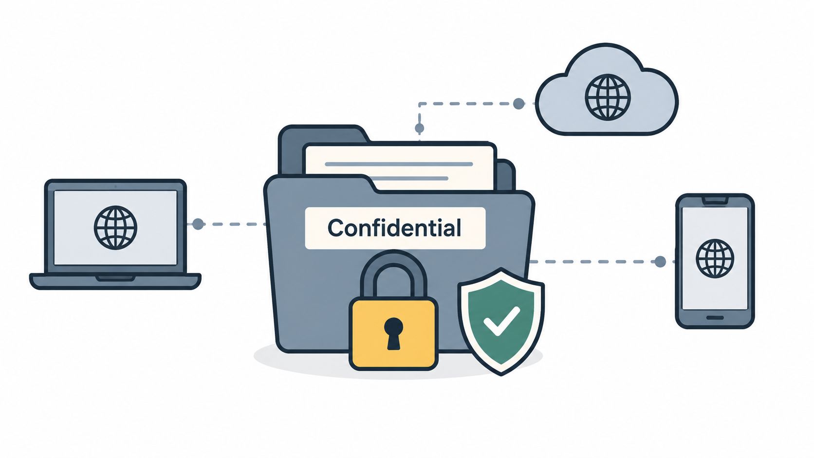 A digital illustration representing secure file sharing, data protection, and cloud access across various devices.
