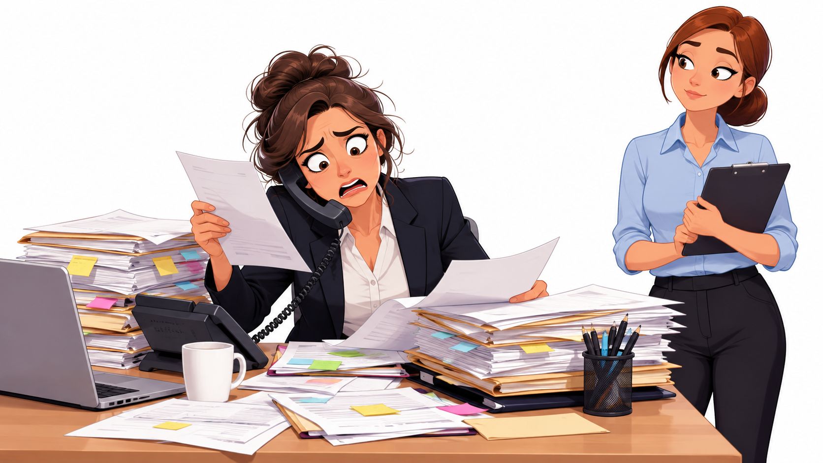 A stressed woman buried in paperwork on a phone call while a calm personal assistant watches her.