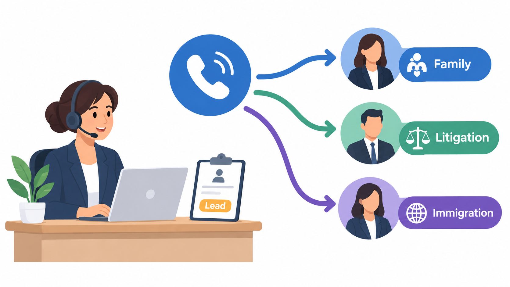 A law firm receptionist uses a headset to route incoming legal client calls to specialized departments.