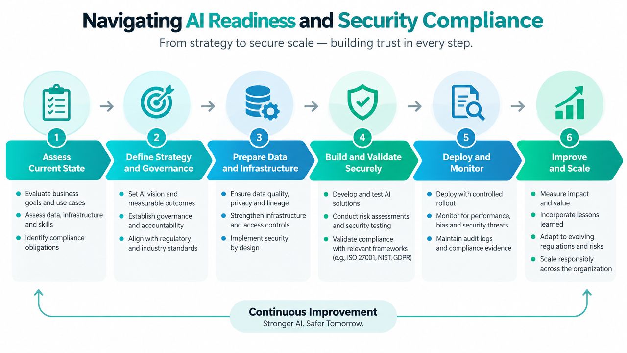 A flowchart showing six steps for navigating AI readiness and security compliance for businesses.