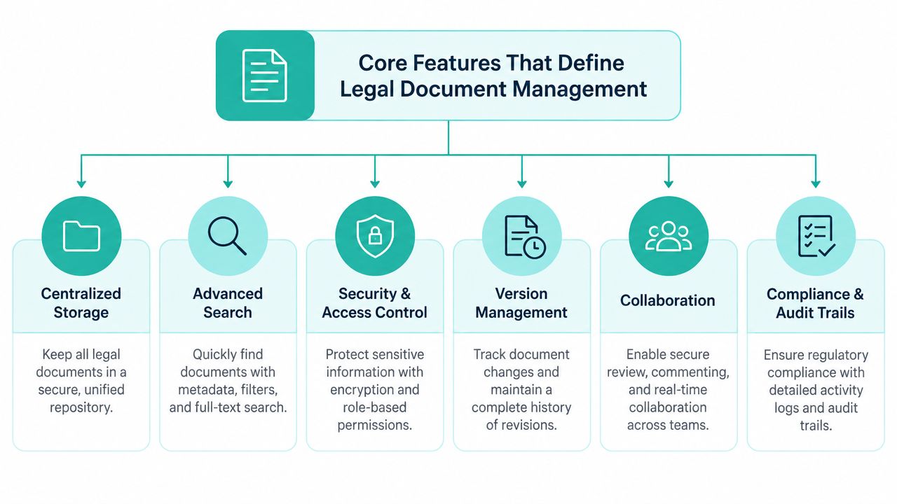 A diagram illustrating the six core features essential for effective and secure legal document management systems.