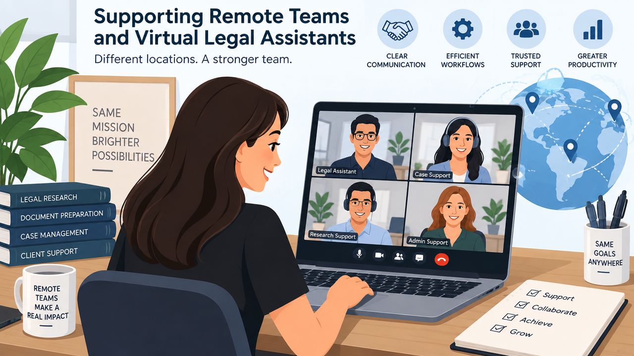 A woman working on a laptop in a video conference with her remote legal support team members.