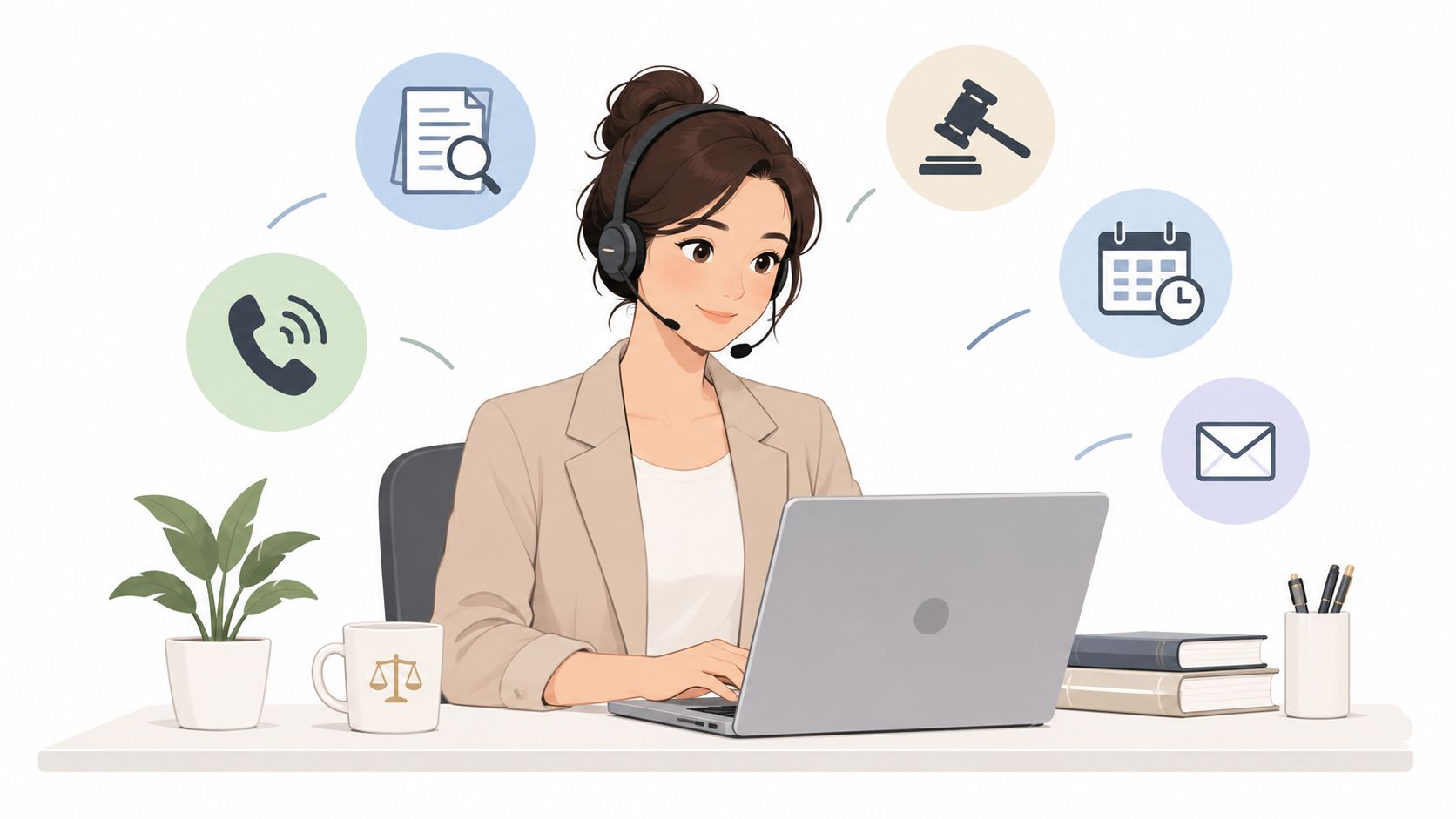 A professional legal virtual assistant wearing a headset, working on a laptop with legal-related icons floating nearby.