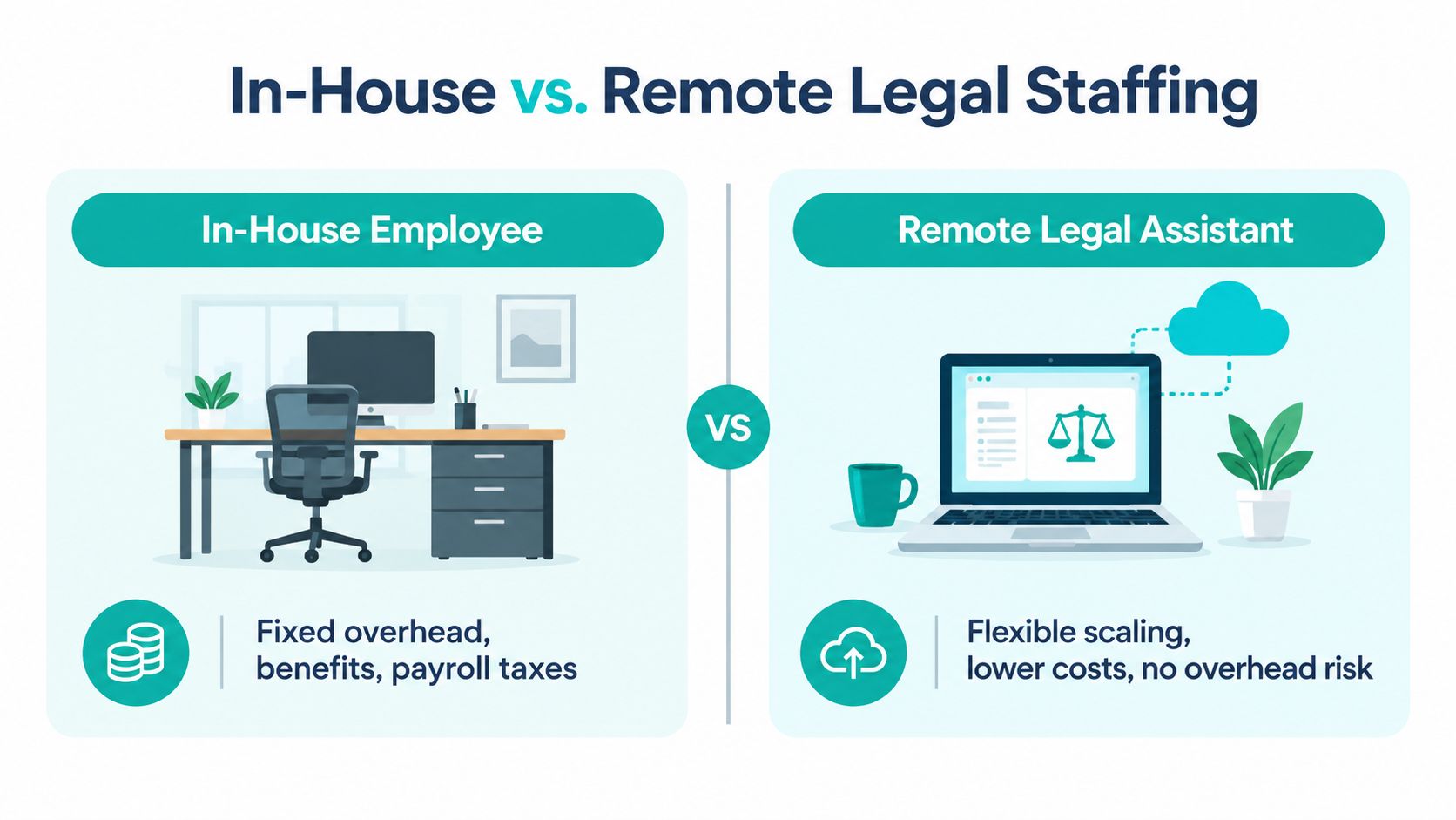 A comparison infographic between in-house employee staffing and remote legal assistants for professional law firms.