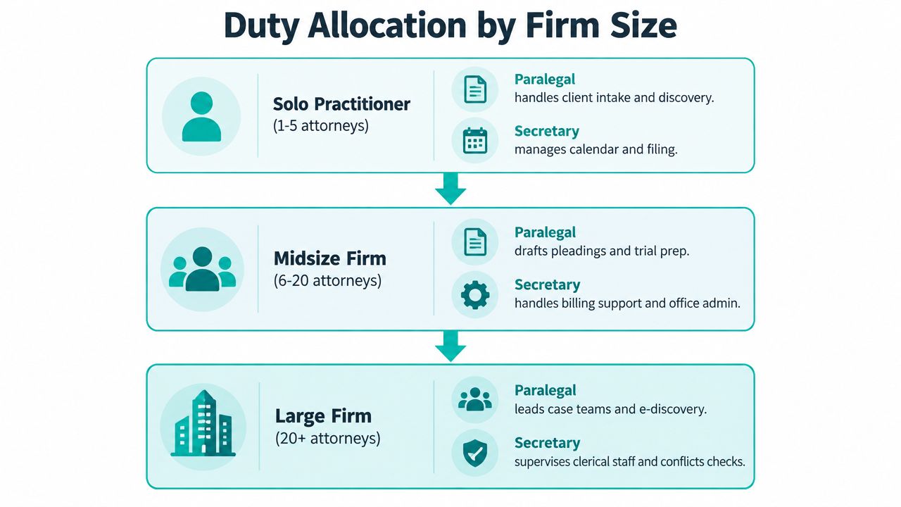 A diagram comparing the changing roles of paralegals and secretaries across different law firm sizes.