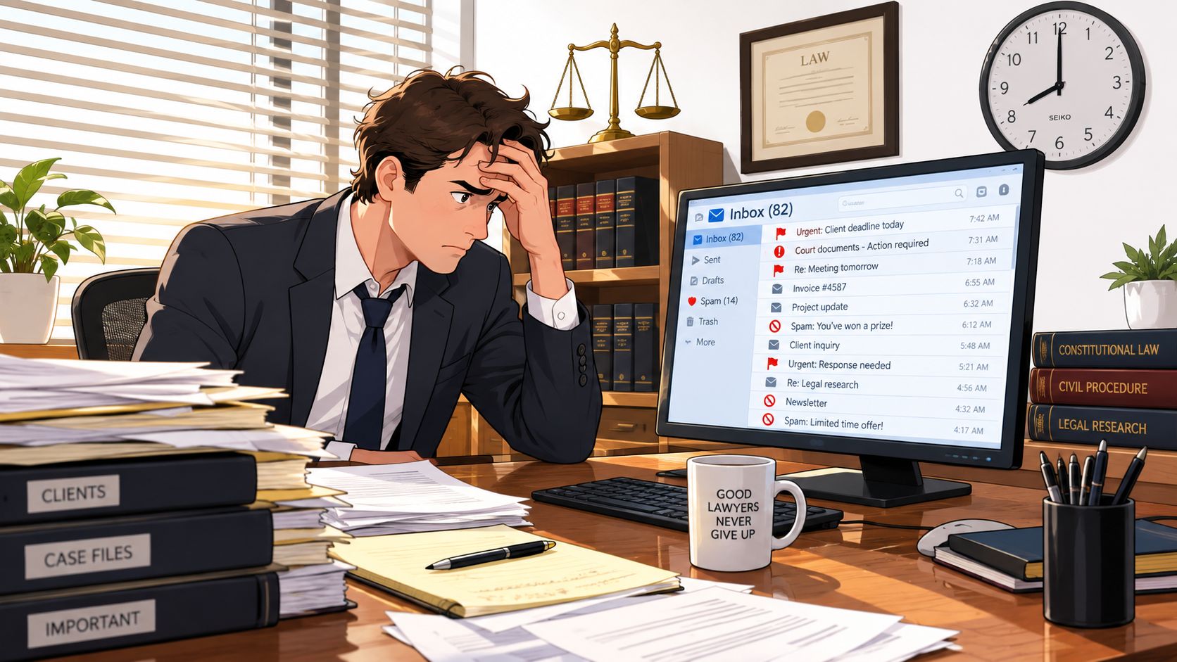 A stressed lawyer sitting at an office desk looking at a computer screen filled with urgent emails.